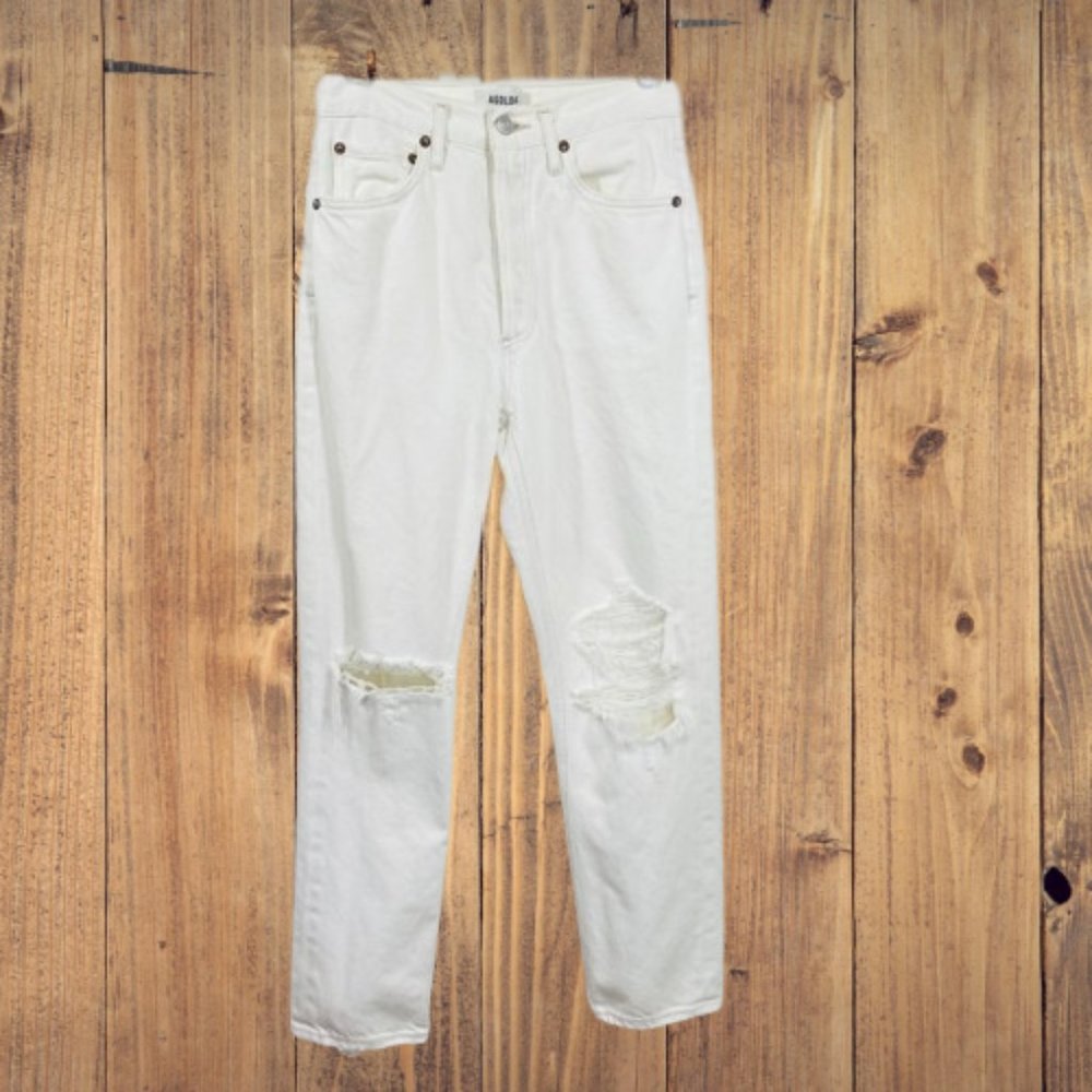 Agolde Los Angeles Riley Womens White Distressed Button up Frayed Hem Jeans 25